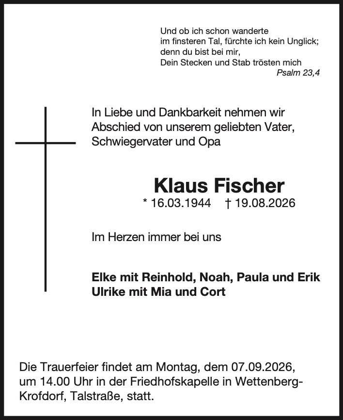 Traueranzeige Klaus Fischer